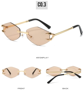 Trois vues de lunettes de soleil losange sans monture avec verres bruns et cadre doré