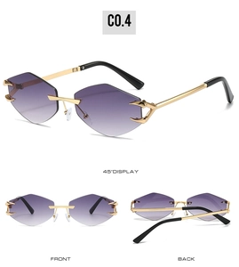 Lunettes de soleil géométriques sans monture, verres dégradés violets et branches dorées