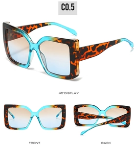 Three-angle views of large square sunglasses with tortoiseshell and blue frame