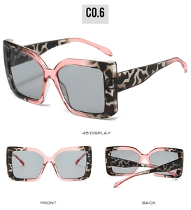 Three-angle view of oversized square sunglasses featuring tortoiseshell and pink frames
