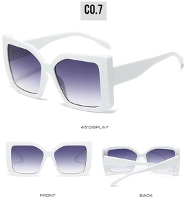 Multi-angle view of white rectangle sunglasses with gradient lenses and thick frame