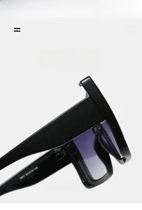 Detailed macro view of black rectangle sunglasses showing temple specs and purple gradient lens