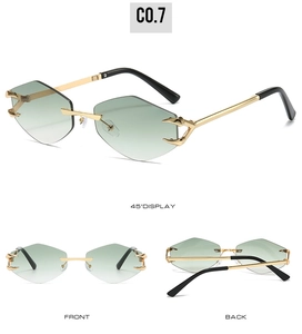 Trois angles de vue de lunettes de soleil sans monture avec verres dégradés verts et or