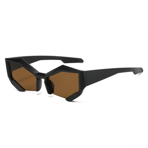 Fashionable rimless sunglasses with black geometric frame and brown tinted lenses