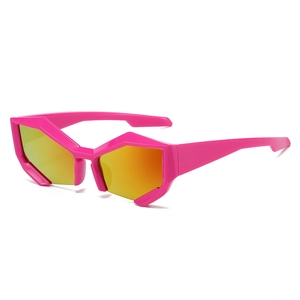 Futuristic geometric semi-rimless sunglasses in hot pink with orange mirrored lenses
