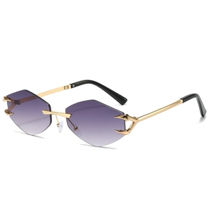 Lunettes de soleil géométriques sans monture, verres dégradés violets et monture dorée