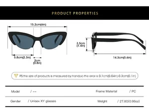 Detailed size chart for cat eye sunglasses showing PC frame dimensions and weight specs
