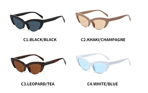Collage of cat eye sunglasses in black, khaki, leopard, and white color variants