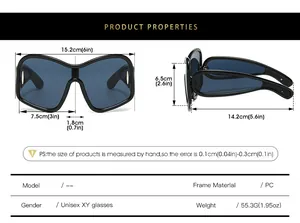 Size guide for Y2K oversized unisex sunglasses with PC frame measurements and specifications