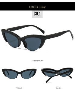 Three-way view of semi-rimless cat eye sunglasses with sleek black frame and gray lenses