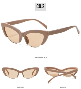 Three-angle view showing front, back, and 45-degree cat eye semi-rimless sunglasses