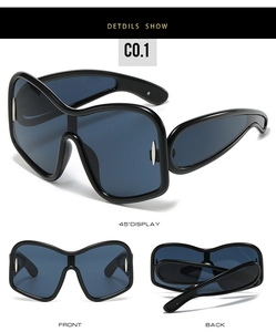 Detailed multi-angle views of black Y2K oversized wrap-around sunglasses with blue lenses