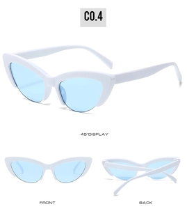 Multi-angle view of white cat-eye sunglasses with blue lenses showing front and back views