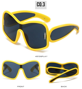 Three-angle display of yellow thick frame oversized wrap-around Y2K sunglasses