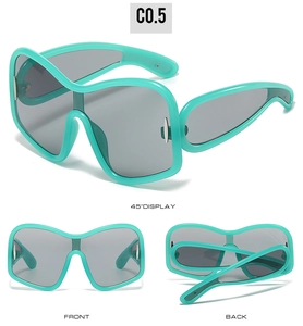 Three-angle view of mint green Y2K oversized wrap sunglasses with gray lenses