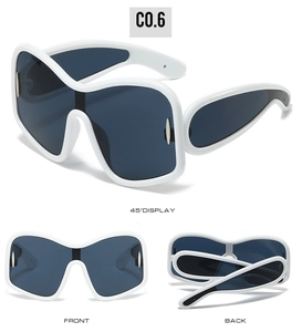 Three-angle display of Y2K oversized white wrap sunglasses with dark blue lenses C0.6