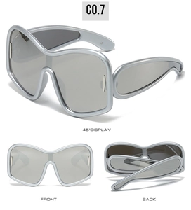 Detailed views of silver matte oversized shield sunglasses with light grey polarized lenses
