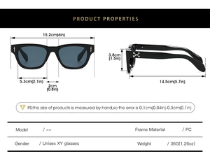 Guide des tailles de lunettes carrées avec décor de dague et logo X sur les branches