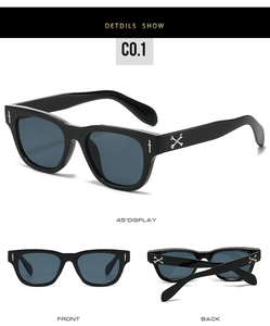 Vues détaillées des lunettes de soleil carrées noires avec accents de dague et de logo croisé