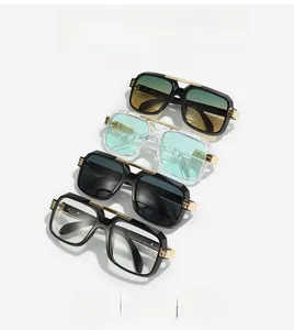 Detail of four square vintage sunglasses with premium metal hinges and colorful lenses