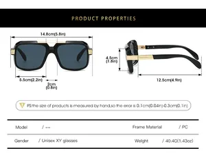 Detailed size chart for retro square sunglasses with PC frame dimensions and weight