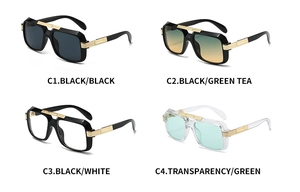 Detail view of square thick frame sunglasses in four colors with gold metal temple accents