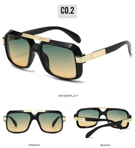Three-view display of vintage square sunglasses with black frame and gold metal accents