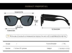 Size chart showing dimensions of square frame oversized sunglasses in PC material