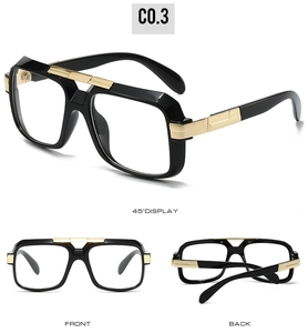 Detailed view of vintage square sunglasses with thick black frames and metal temple design