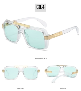 Three-view display of square transparent frame sunglasses with mint green lenses