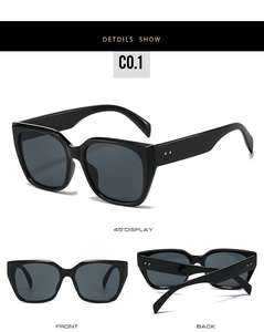 Three-angle views of glossy black square sunglasses with dark grey lenses in C0.1 finish