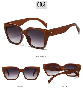 Detailed views of square frame sunglasses with brown tortoise finish and gray lenses