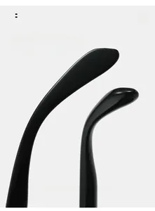 Close-up of curved glossy black temples of vintage square sunglasses with ergonomic design