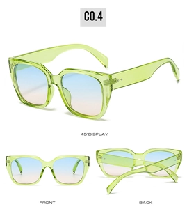 Three-view display of transparent neon green square frame sunglasses with gradient lenses