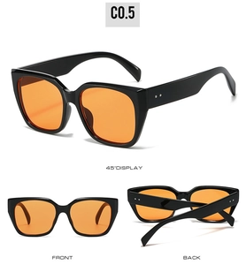 Multi-angle view of oversized black square sunglasses with orange tinted lenses