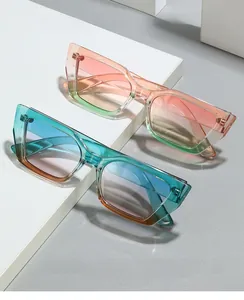 Detail of 2024 cat-eye sunglasses with colorful gradient lenses on geometric stands