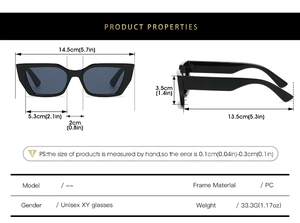 Detailed technical diagram showing cat eye sunglasses dimensions with frame width and height