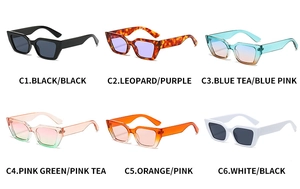 Matrix display of six color options for square cat eye sunglasses with gradient lenses
