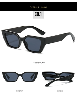 Detailed views of black rectangle cat-eye sunglasses with wide frames and dark lenses