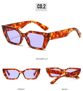 Detail view of tortoiseshell cat eye sunglasses with purple lenses from three angles