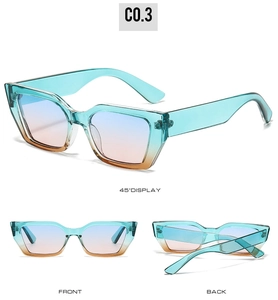 Detailed views of cat eye sunglasses with teal frames and pink gradient lenses