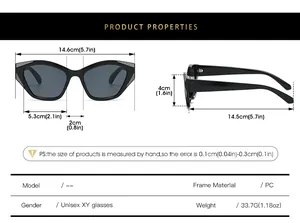 Detailed size guide showing dimensions and specs for fashion PC cat-eye sunglasses