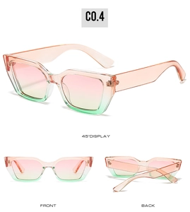 Pink and green gradient cat-eye sunglasses shown in front, back, and 45-degree views
