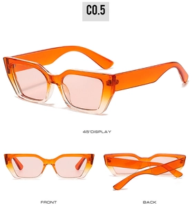Three-angle view of gradient orange cat eye sunglasses showing front, back, and 45-degree side