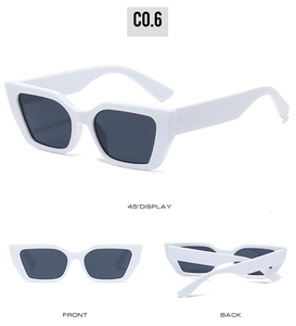 Detailed views of white vintage cat eye sunglasses showing front, back, and 45 degree angles