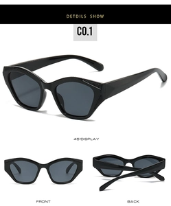 Detailed views of PC fashion sunglasses showing front and side frames in black