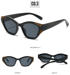 Three-view display of black polygon sunglasses with gold accents and dark gray lenses
