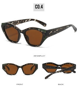 Detailed views of tortoise cat-eye sunglasses with green glitter accents and brown lenses
