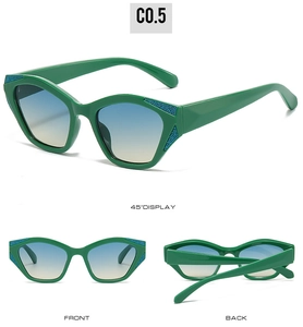 Three-way view of green cat eye sunglasses featuring blue gradient lenses and PC frames