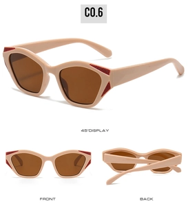 Detailed views of cat-eye sunglasses featuring beige frames and brown lenses from three angles